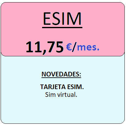 Tarifa ESIM.
				Tarjeta Sim virtual, por once euros con setenta y cinco centimos de euro al mes, iva incluido.