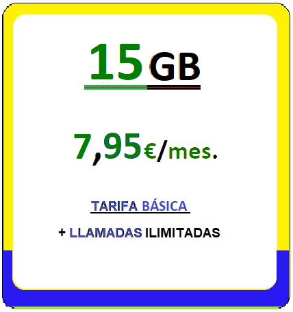 Tarifa móvil VIVE15GB.
						Llamadas ilimitadas más quince Gigabites para navegar,
						siete euros con noventa y cinco centimos de euro al mes, iva incluido.