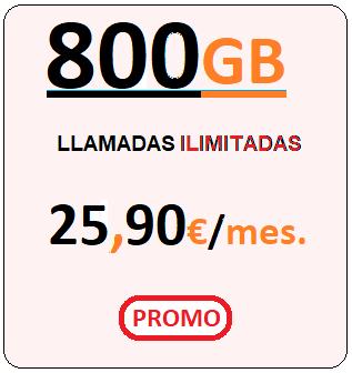 Tarifa móvil ORANY800Gb.
				Llamadas ilimitadas más Ochocientos Gigabites para navegar por Venticinco euros con Noventa
			   centimos de euro al mes, iva incluido.