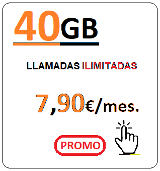 Tarifa movil ORANY40Gb.
				Llamadas ilimitadas más Cuarenta Gigabites para navegar,
				Siete euros con Noventa centimos de euro al mes, iva incluido.