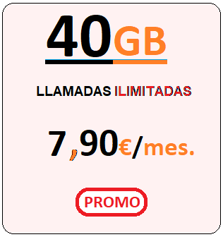 Tarifa movil ORANY40Gb.
				Llamadas ilimitadas más Cuarenta Gigabites para navegar,
				Siete euros con Noventa centimos de euro al mes, iva incluido.