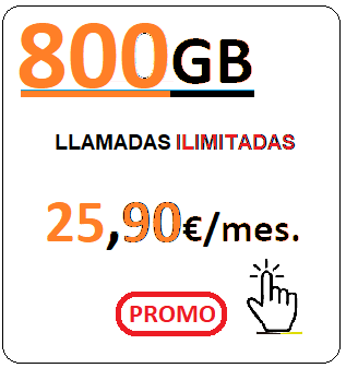 Tarifa móvil ORANY800Gb.
		 Llamadas ilimitadas más Ochocientos Gigabites para navegar por Venticinco euros con Noventa
		centimos de euro al mes, iva incluido.