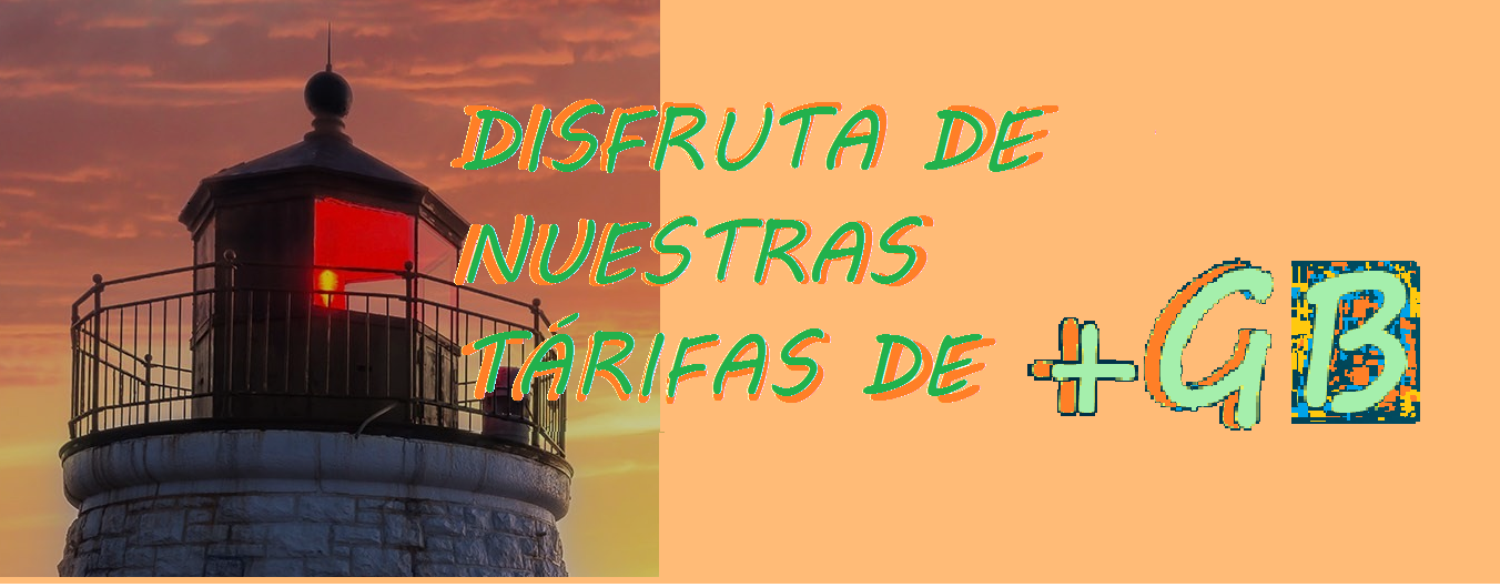 Imagen de fondo de un faro en un atardecer anaranjado continua a partir de la mitad de la imagen
	                  con un fondo naranja claro y en relieve un texto a dos colores, verde y de fondo naranja oscuro.
					  Que dice DISFRUTA DE NUESTRAS TÁRIFAS DE VERANO.