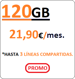 Tarifa móvil COMPARTE120GB.
		 Llamadas ilimitadas en cada Línea más Cientoveinte Gigabites para compartir por
		 Veintiun euros con Noventa centimos de euro al mes, iva incluido.