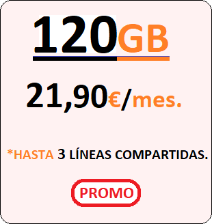 Tarifa móvil COMPARTE120GB.
				Llamadas ilimitadas en cada Línea más Cientoveinte Gigabites para compartir por
				Veintiun euros con Noventa centimos de euro al mes, iva incluido.