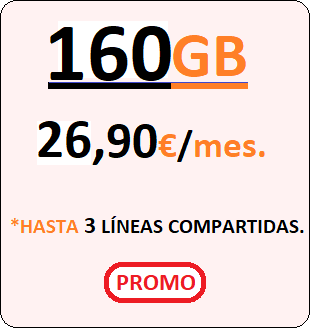 Tarifa móvil COMPARTE160GB.
				Llamadas ilimitadas en cada Línea más Cientosesenta Gigabites para compartir por
				Veintiseis euros con Noventa centimos de euro al mes, iva incluido.