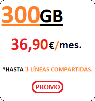 Tarifa móvil COMPARTE300GB.
				Llamadas ilimitadas en cada Línea más Trecientos Gigabites para compartir por
				Treinta y Seis euros con Noventa centimos de euro al mes, iva incluido.