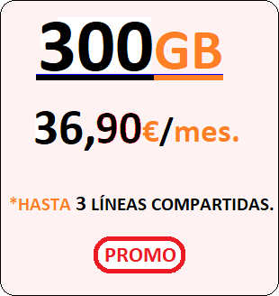 Tarifa móvil COMPARTE300GB.
				Llamadas ilimitadas en cada Línea más Trescientos Gigabites para compartir por
				Treinta y Seis euros con Noventa centimos de euro al mes, iva incluido.