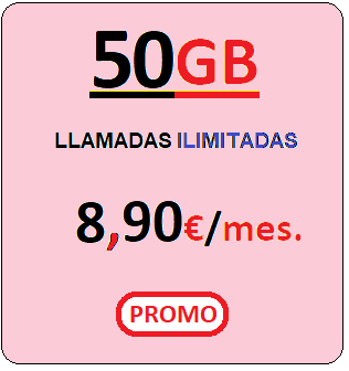 Tarifa movil VODA50Gb.
					Llamadas ilimitadas más CINCUENTA Gigabites para navegar por
					ocho euros con noventa centimos de euro al mes, iva incluido.